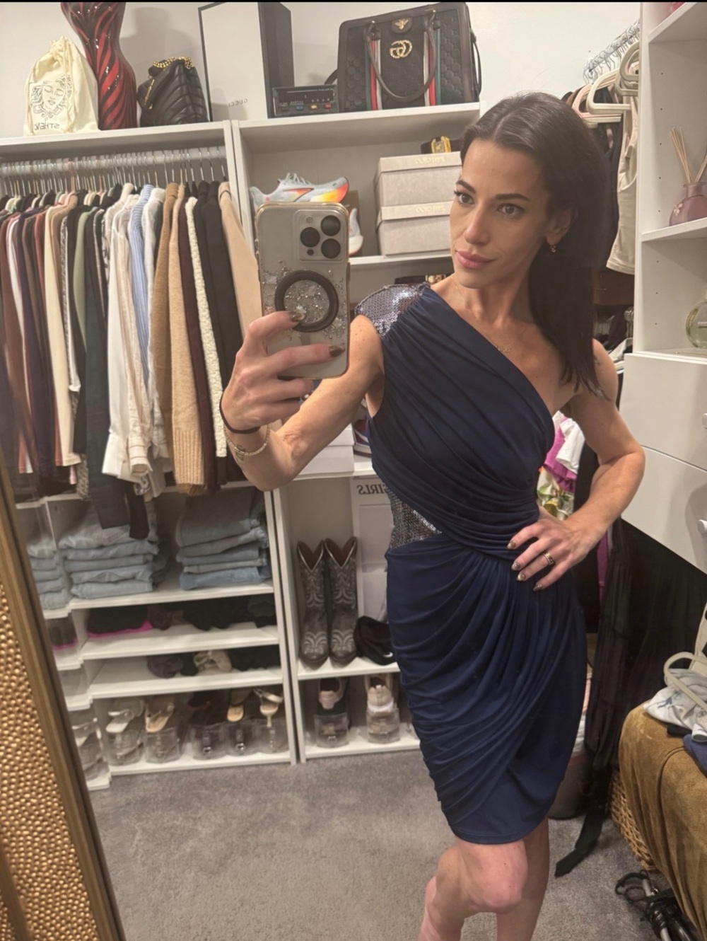 Vintage BEBE Addiction Rare Y2K Blue/Silver Sequin Grecian 1-Shoulder Dress M